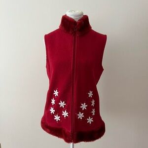 Northern Reflections Red Fleece Vest with White Floral Accents